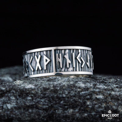 925 Silberring Mit Elder-Futhark-Runen, Breiter Rand