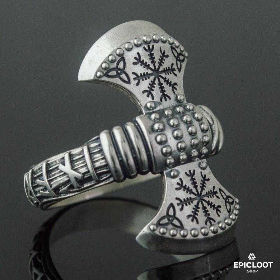 925 silver Helm of Awe Symbol Axe Ring