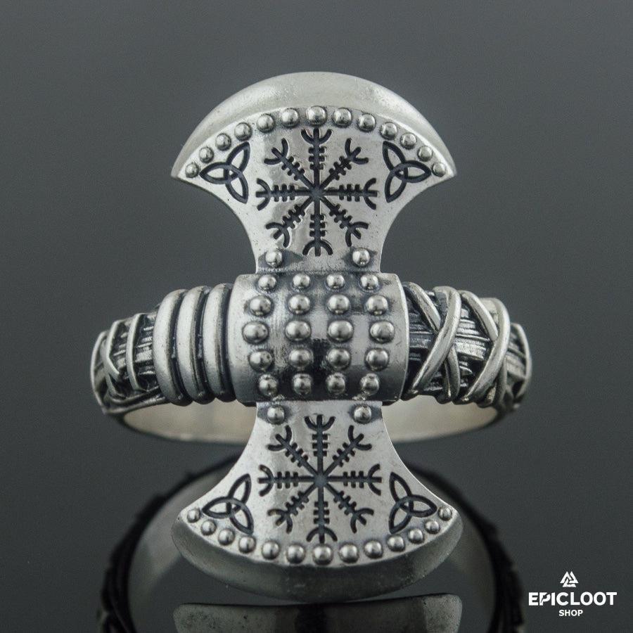 925 silver Helm of Awe Symbol Axe Ring