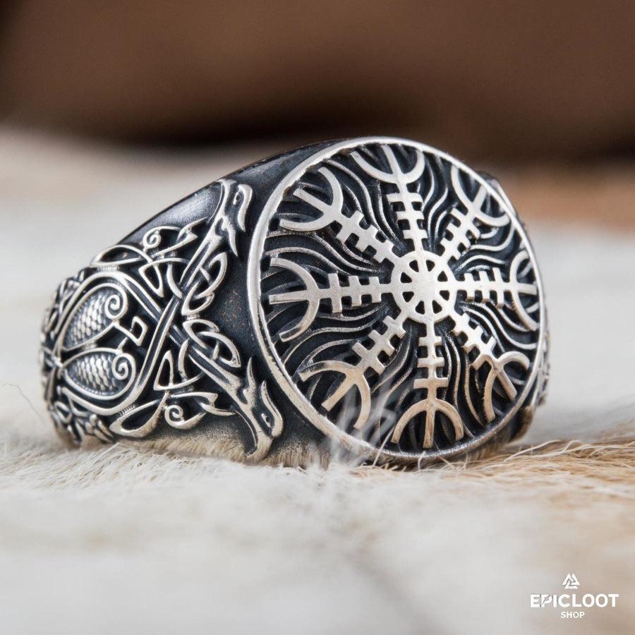 925 silver Helm of Awe Symbol with Norse Carving