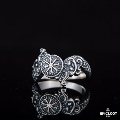 925 silver Helm of Awe Symbol Wolf Band Ring