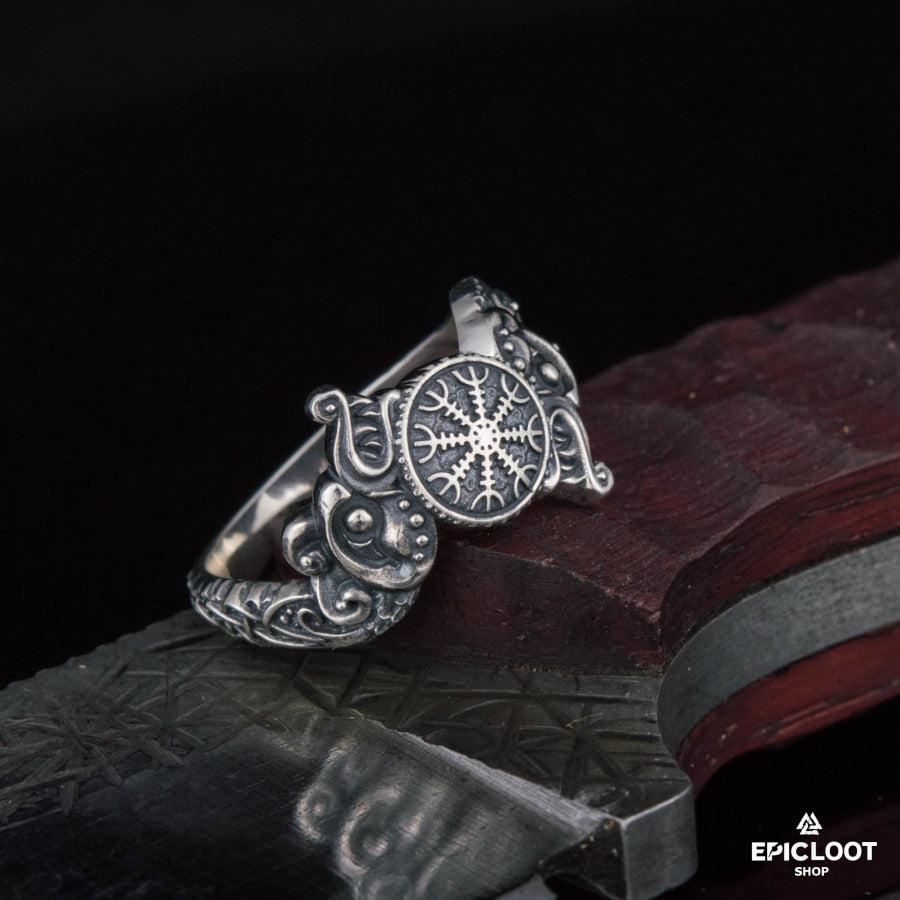 925 silver Helm of Awe Symbol Wolf Design