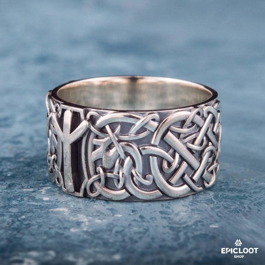 925 silver Norse Ornament Ring with Algiz Rune