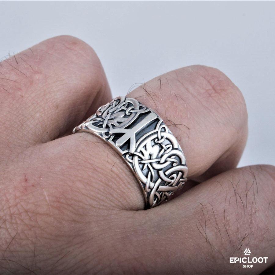 925 silver Norse Ornament Ring with Algiz Rune