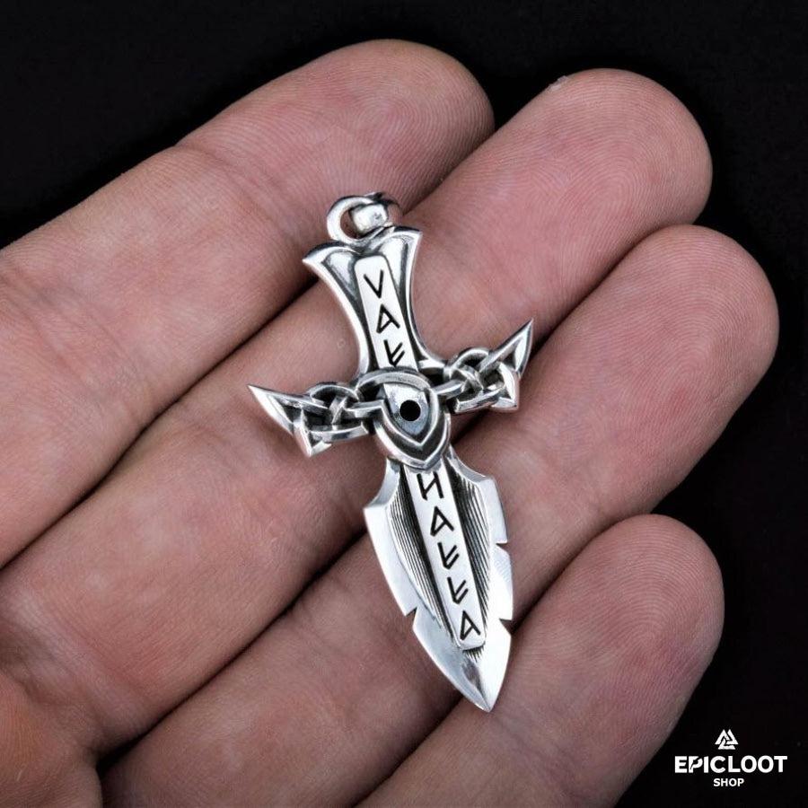 925 Silver Norse Sword with Runes and Red Cubic Zirconia
