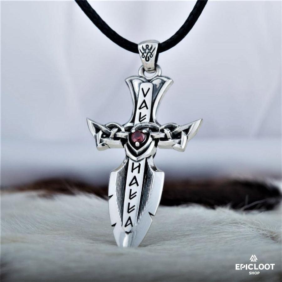 925 Silver Norse Sword with Runes and Red Cubic Zirconia