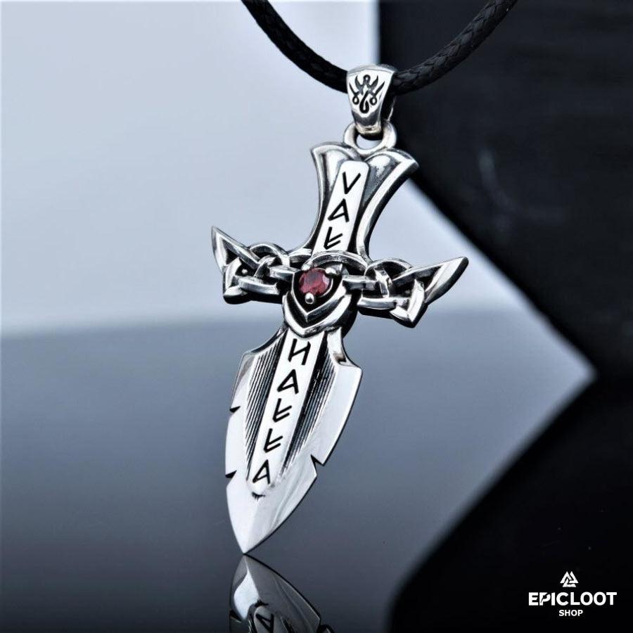 925 Silver Norse Sword with Runes and Red Cubic Zirconia