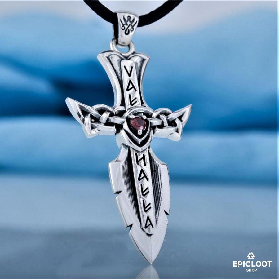 925 Silver Norse Sword with Runes and Red Cubic Zirconia