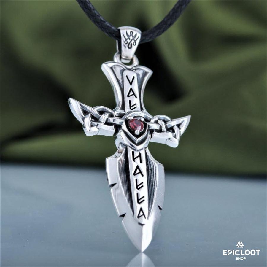 925 Silver Norse Sword with Runes and Red Cubic Zirconia