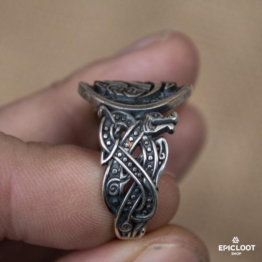 925 silver Odin Horn Ring Wolf Design