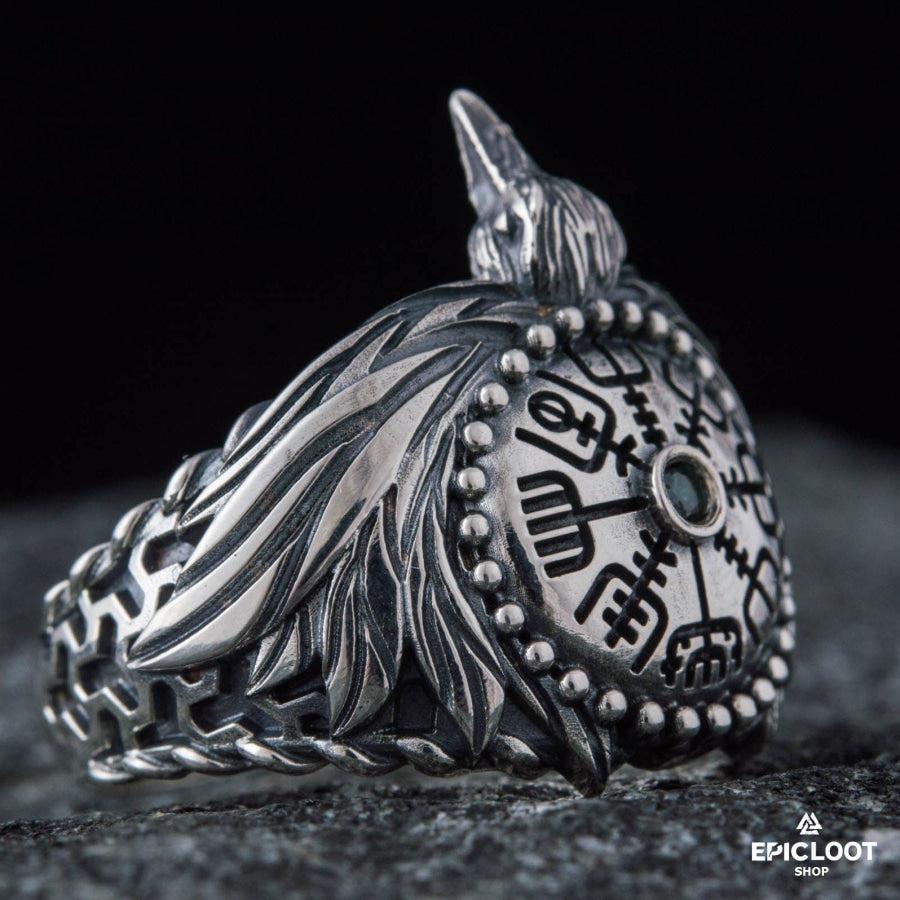 925 silver Odin Raven Ring with Vegvisir Symbol