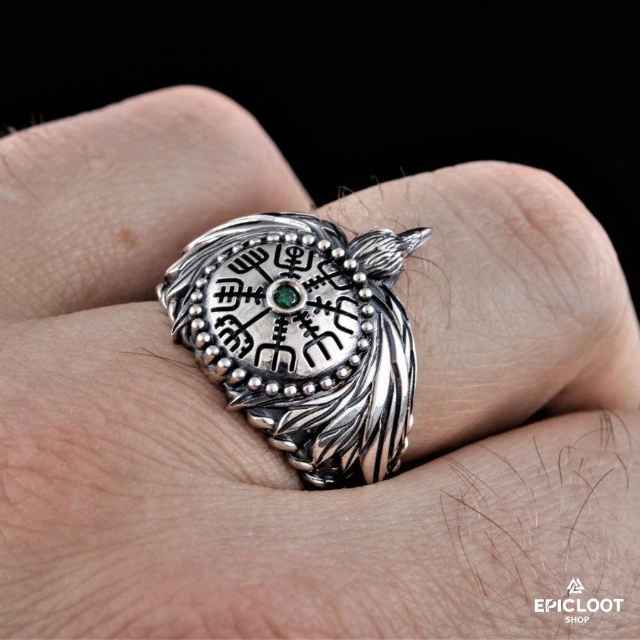 925 silver Odin Raven Ring with Vegvisir Symbol