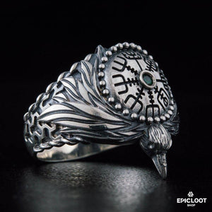 Anello in Argento 925 con Corvo di Odino e Simbolo Vegvisir
