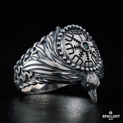 925 silver Odin Raven Ring with Vegvisir Symbol
