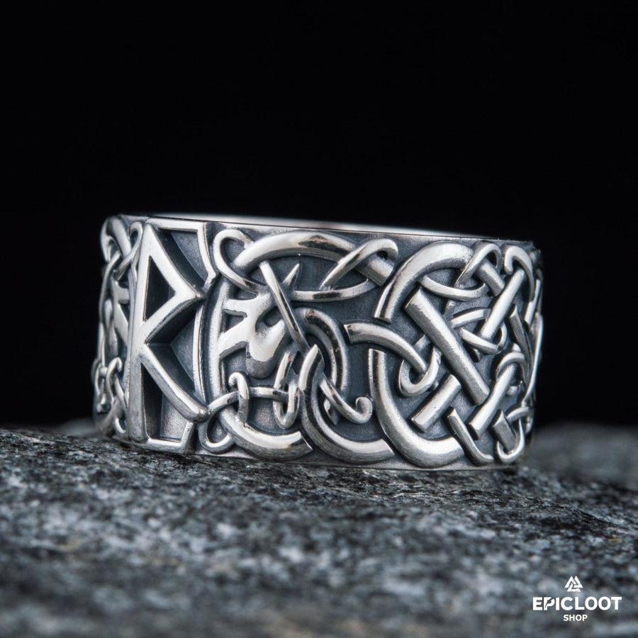 925 silver Ring with Raido Rune and Nordic Carving