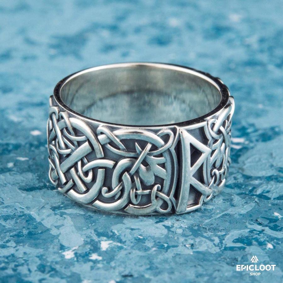 925 silver Ring with Raido Rune and Nordic Carving