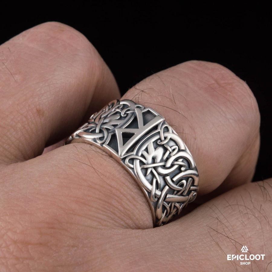 925 silver Ring with Raido Rune and Nordic Carving