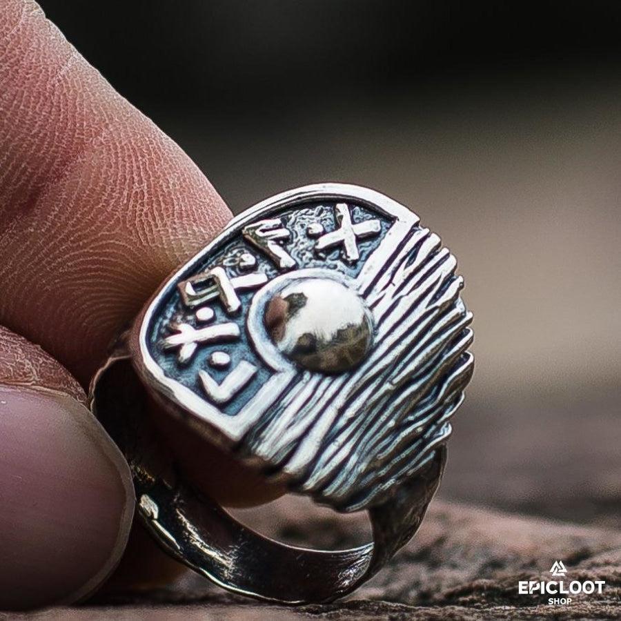 925 silver Runic Viking Shield Wooden Texture Ring