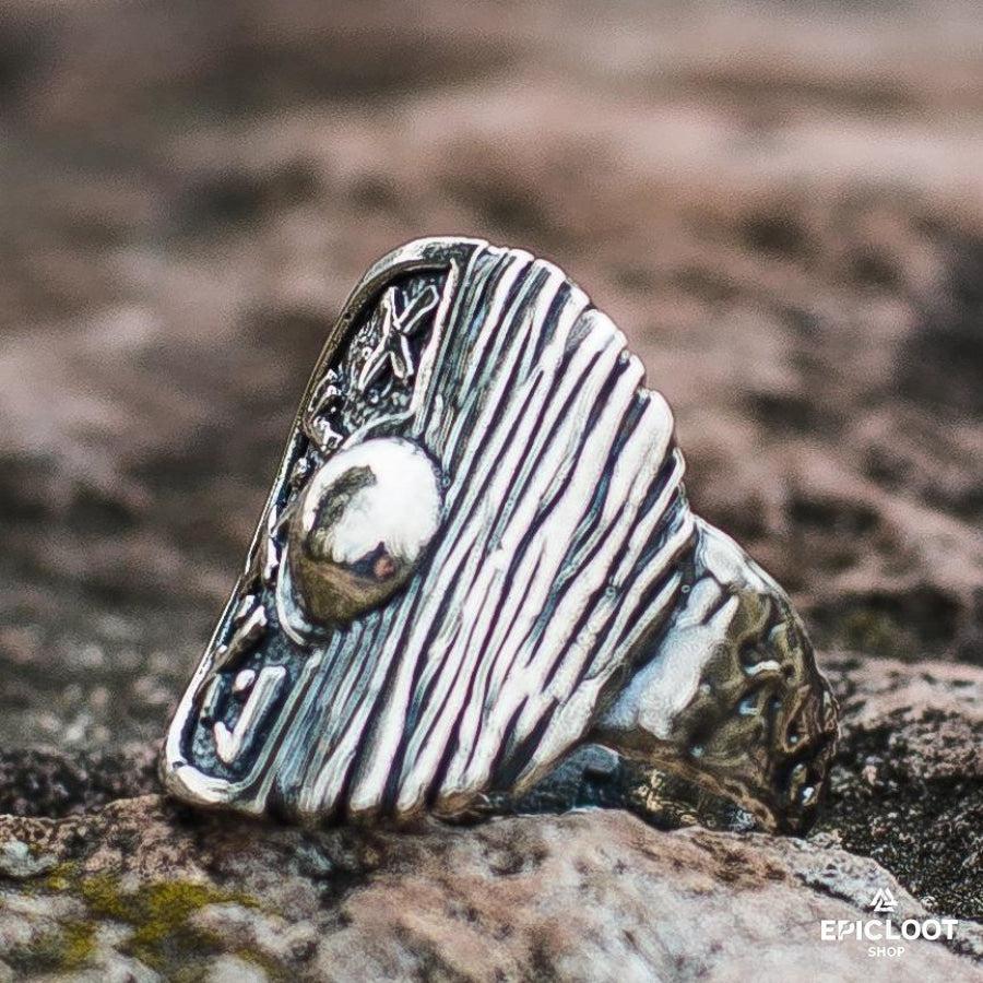 925 silver Runic Viking Shield Wooden Texture Ring