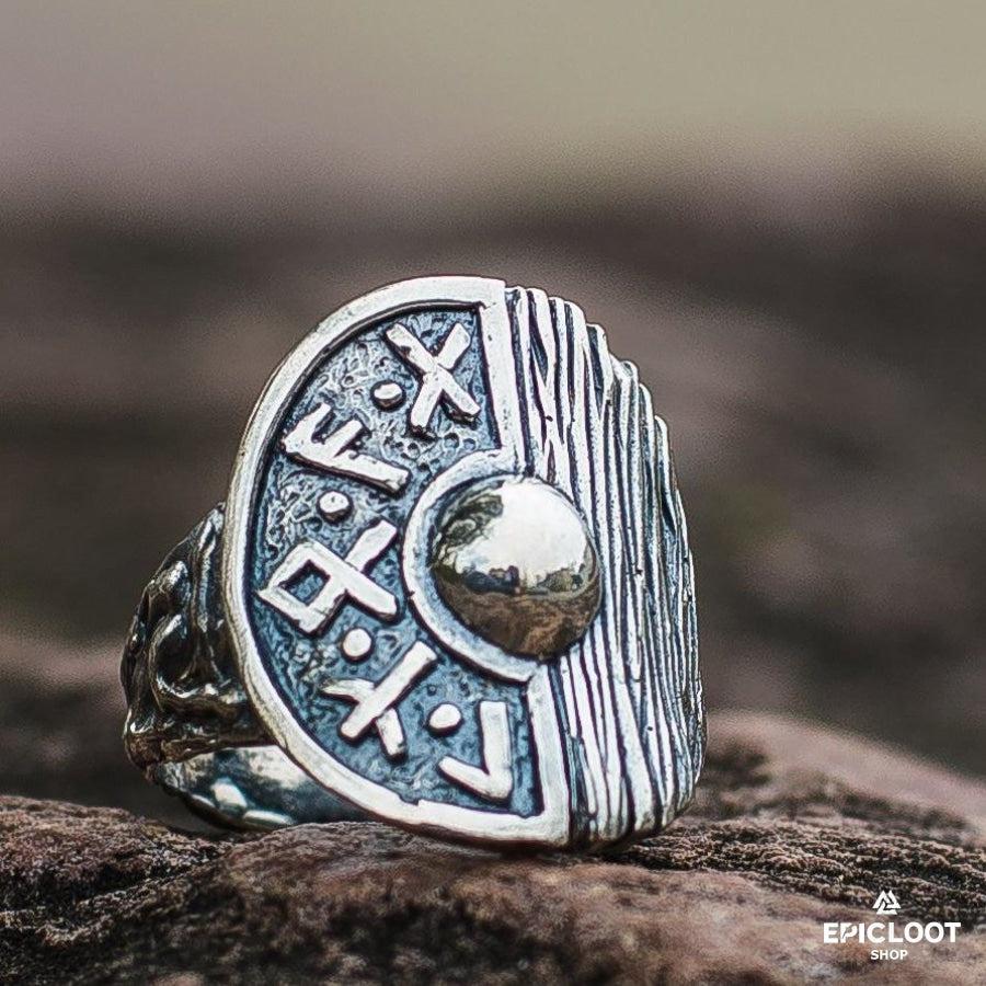 925 silver Runic Viking Shield Wooden Texture Ring