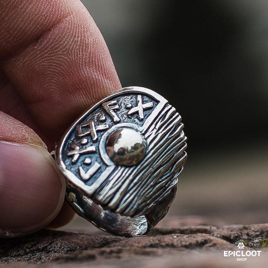 925 silver Runic Viking Shield Wooden Texture Ring