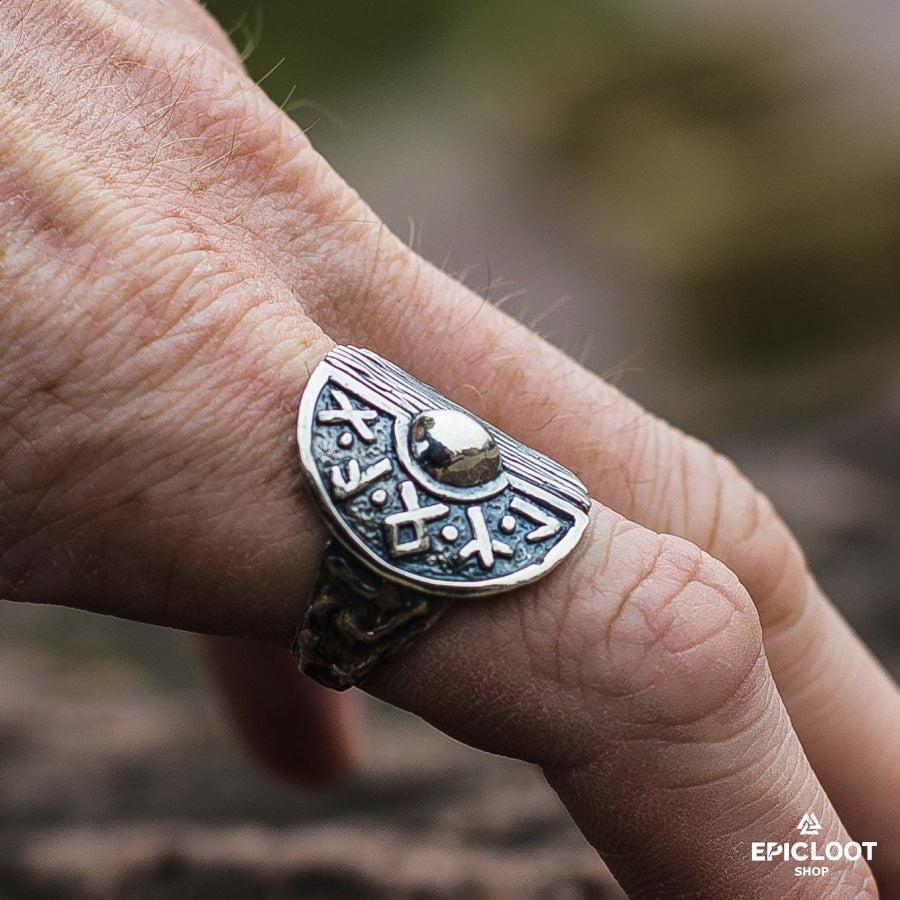 925 silver Runic Viking Shield Wooden Texture Ring