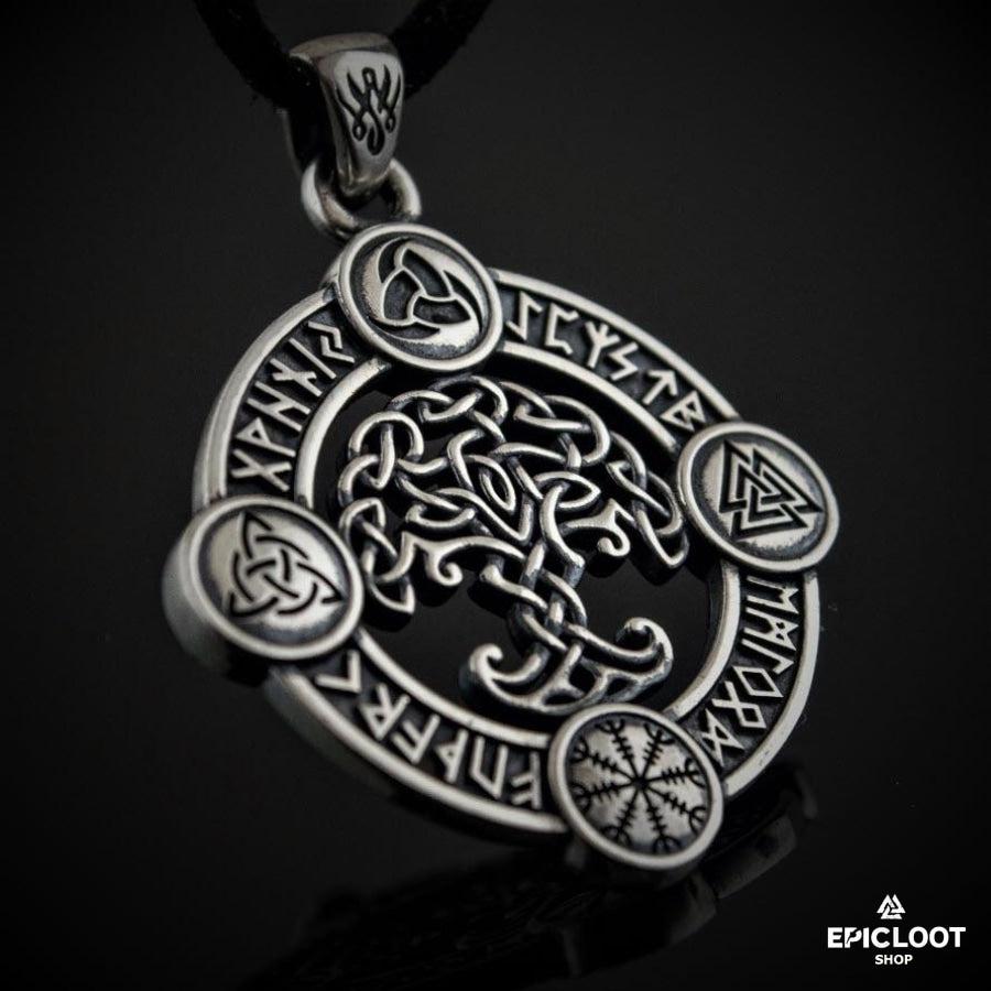 925 Silver Runic Yggdrasil Pendant with Norse Symbols