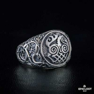 Anello con simbolo di Sleipnir in argento 925, stile Urnes