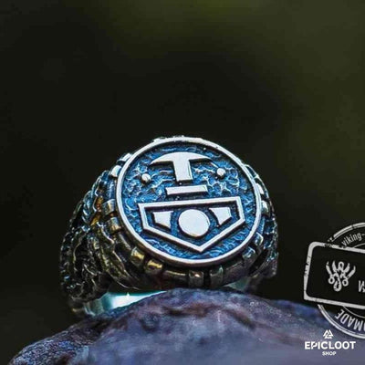 Ring mit Thors Hammer aus 925er Silber und Eichenblättern