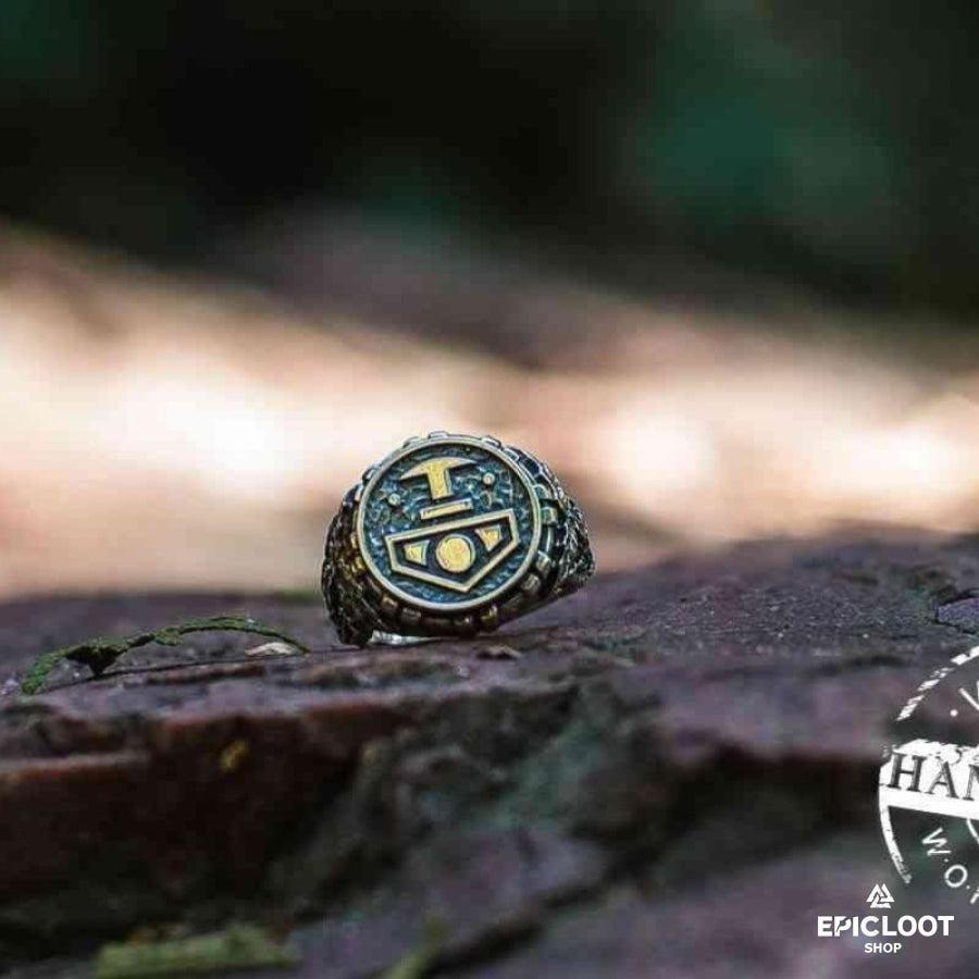 925 silver Thor's Hammer Ring with Oak Leaves