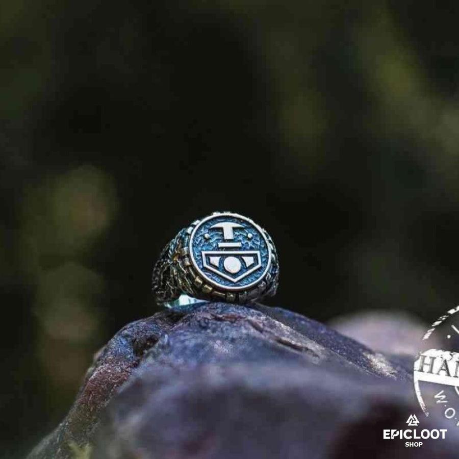 925 silver Thor's Hammer Ring with Oak Leaves