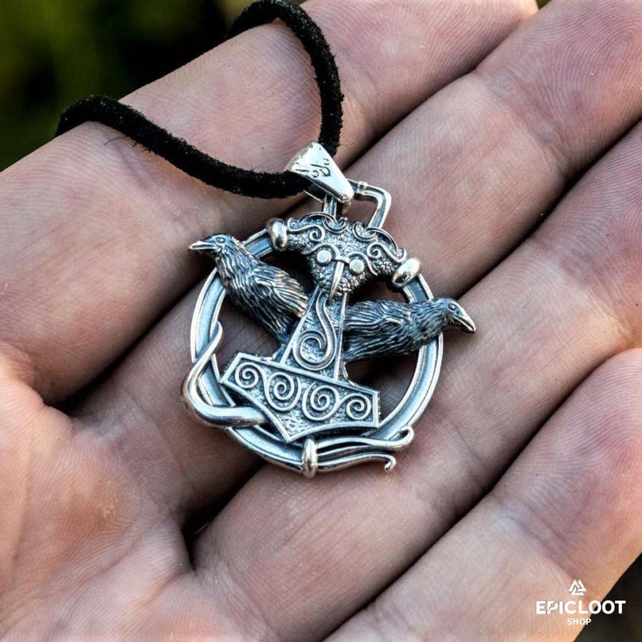 925 Silver Thors Hammer with Ravens Pendant