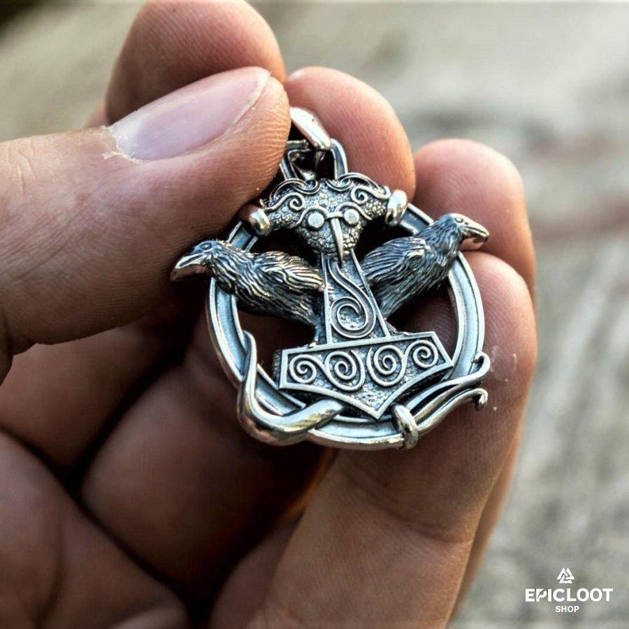925 Silver Thors Hammer with Ravens Pendant