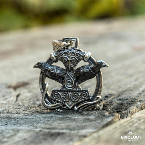 925 Silver Thors Hammer with Ravens Pendant