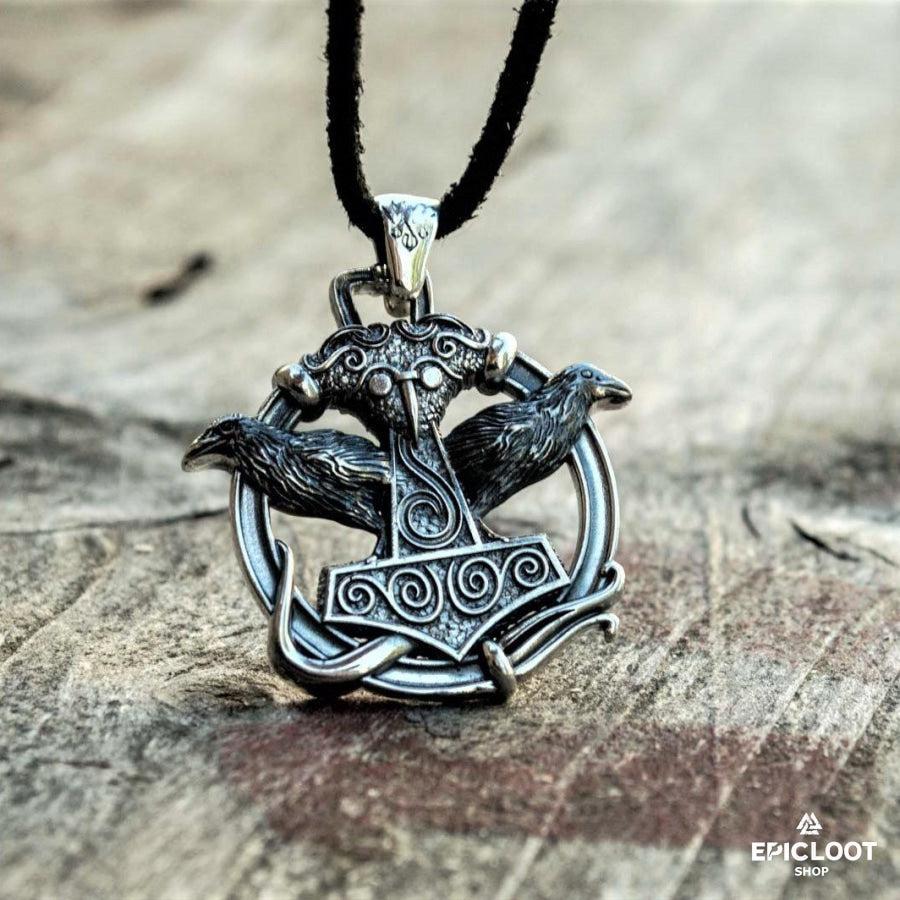 925 Silver Thors Hammer with Ravens Pendant