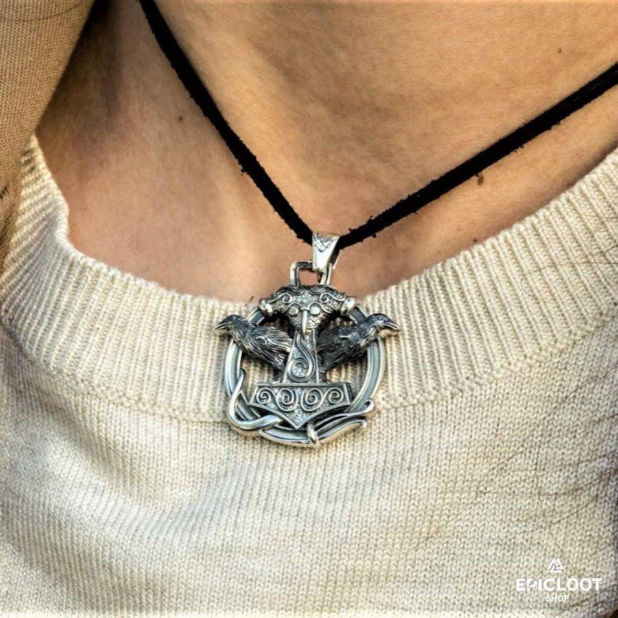 925 Silver Thors Hammer with Ravens Pendant