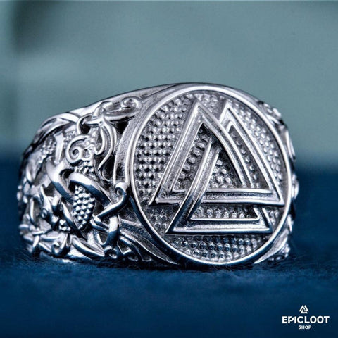 925 silver Valknut Ring Rhodium Plated