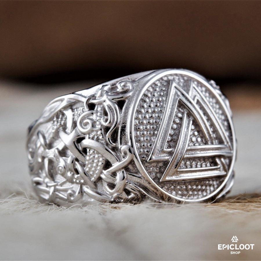 925 silver Valknut Ring Rhodium Plated