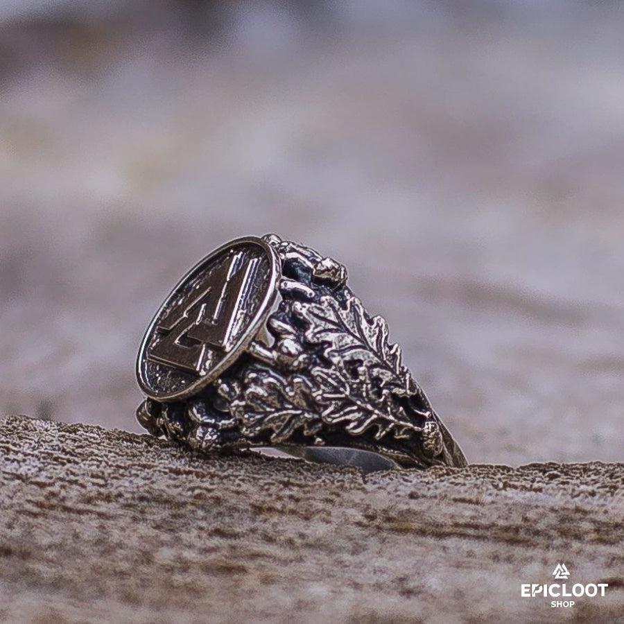 925 Silver Valknut Ring with Oak Leaves and Acorns