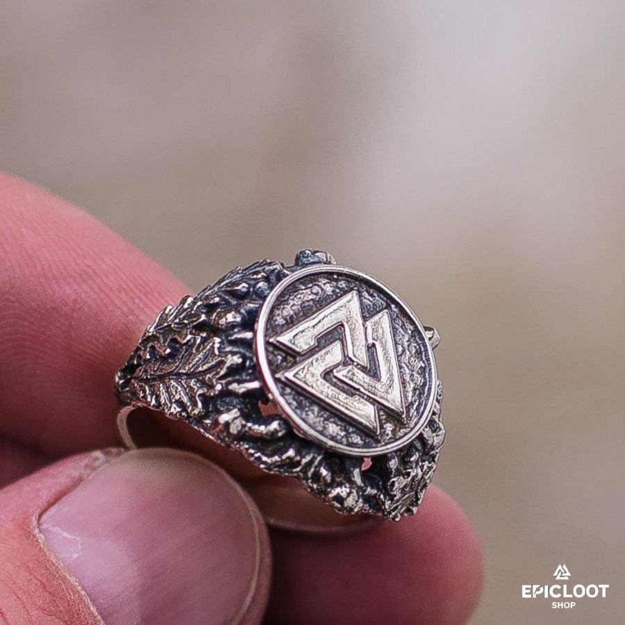 925 Silver Valknut Ring with Oak Leaves and Acorns