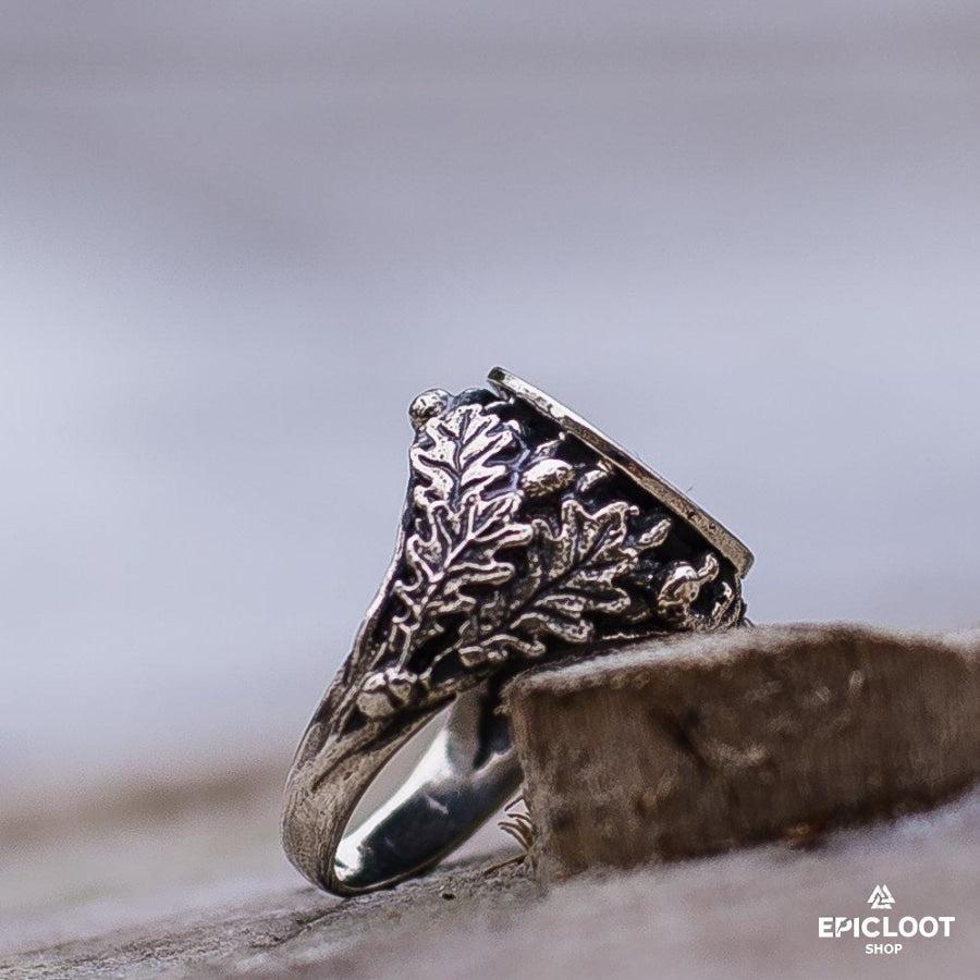 925 Silver Valknut Ring with Oak Leaves and Acorns