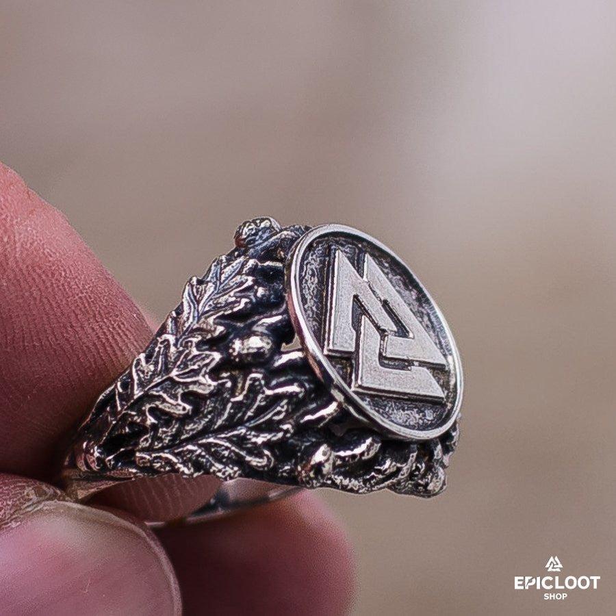 925 Silver Valknut Ring with Oak Leaves and Acorns