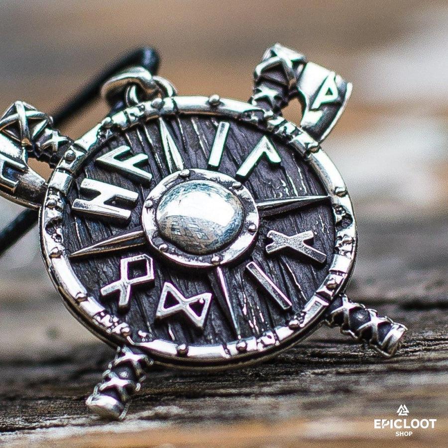 925 Silver Viking Axe Shield with Runes Pendant