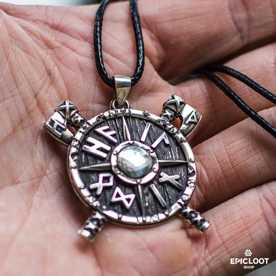 925 Silver Viking Axe Shield with Runes Pendant