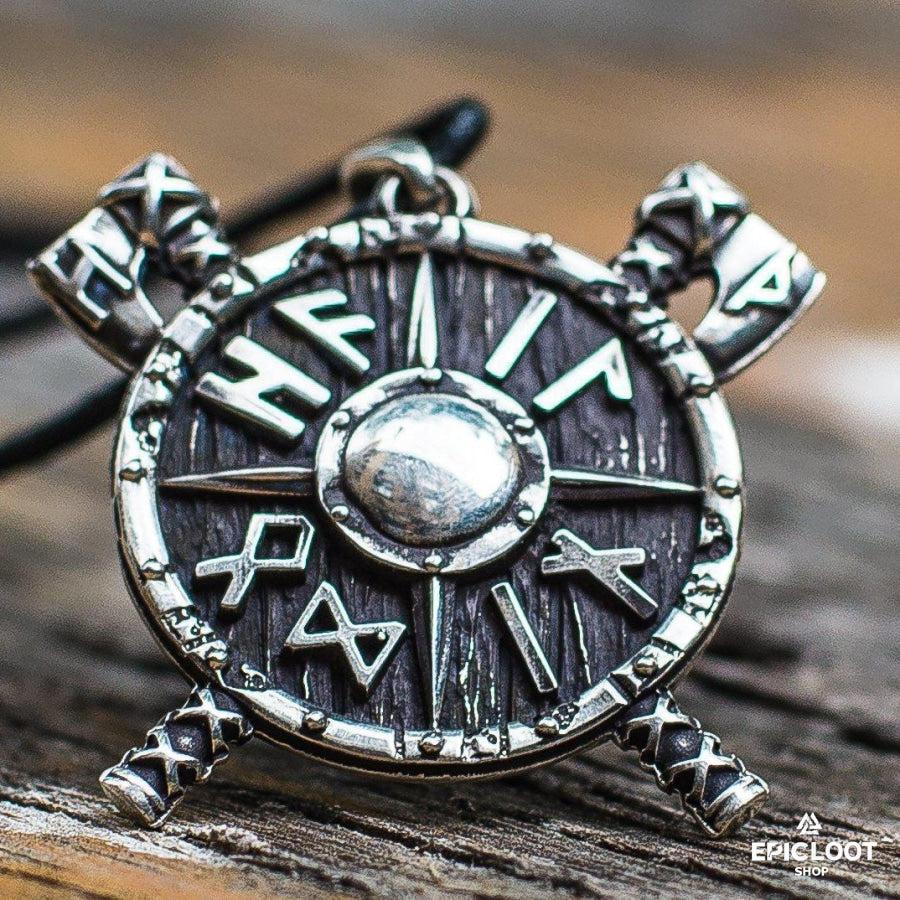 925 Silver Viking Axe Shield with Runes Pendant