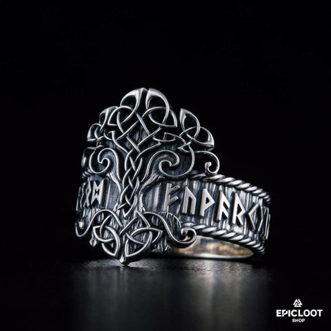 925 silver Yggdrasil Ring with Norse Runes