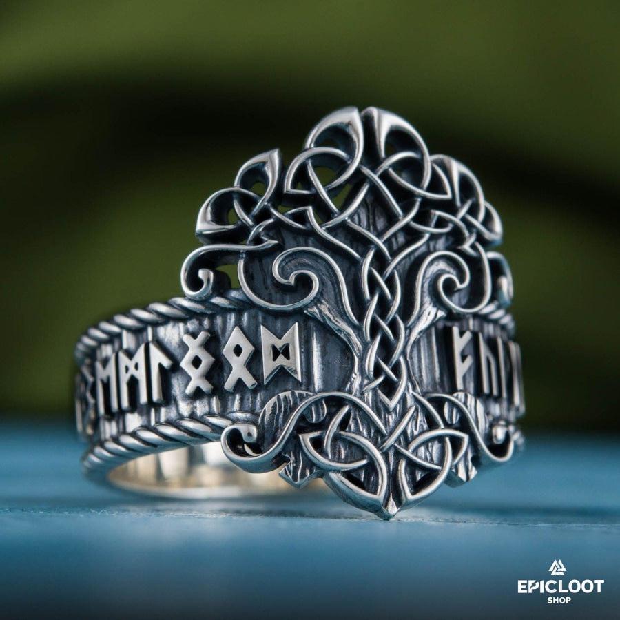 925 silver Yggdrasil Ring with Norse Runes