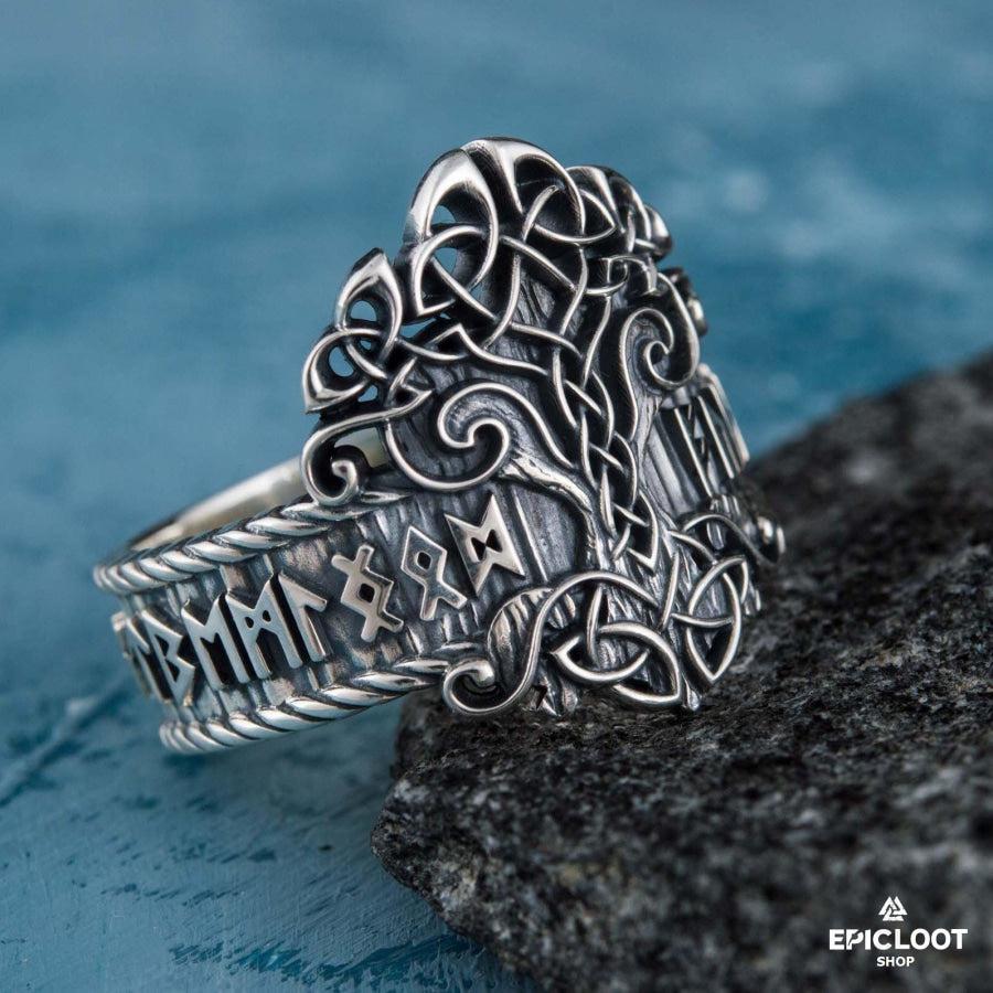 925 silver Yggdrasil Ring with Norse Runes