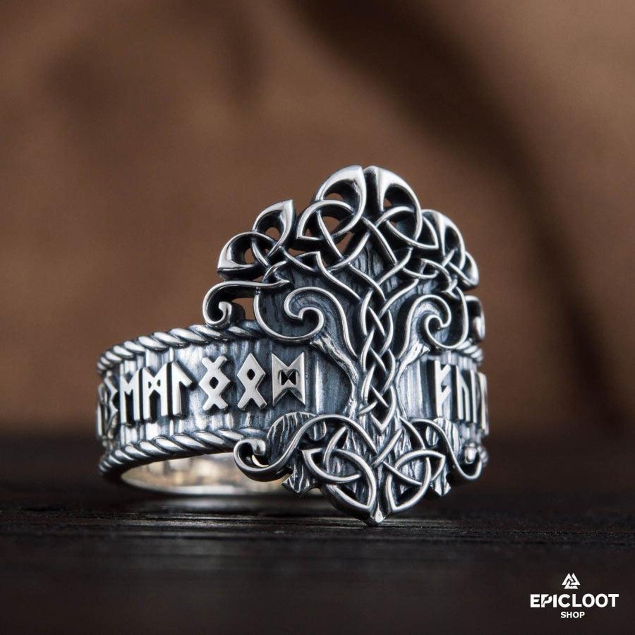 925 silver Yggdrasil Ring with Norse Runes