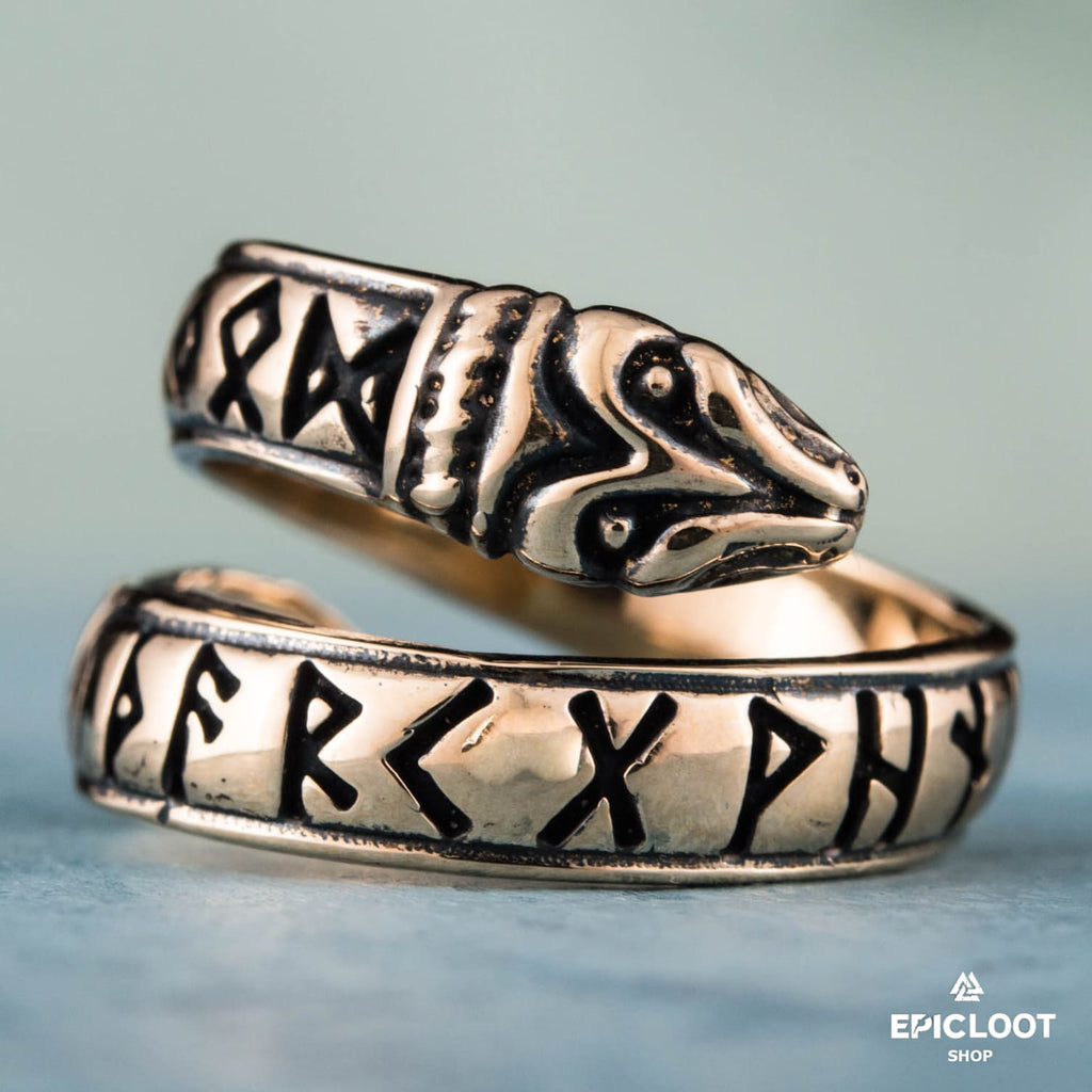 Ouroboros Ring With Runes Bronze Viking Ring